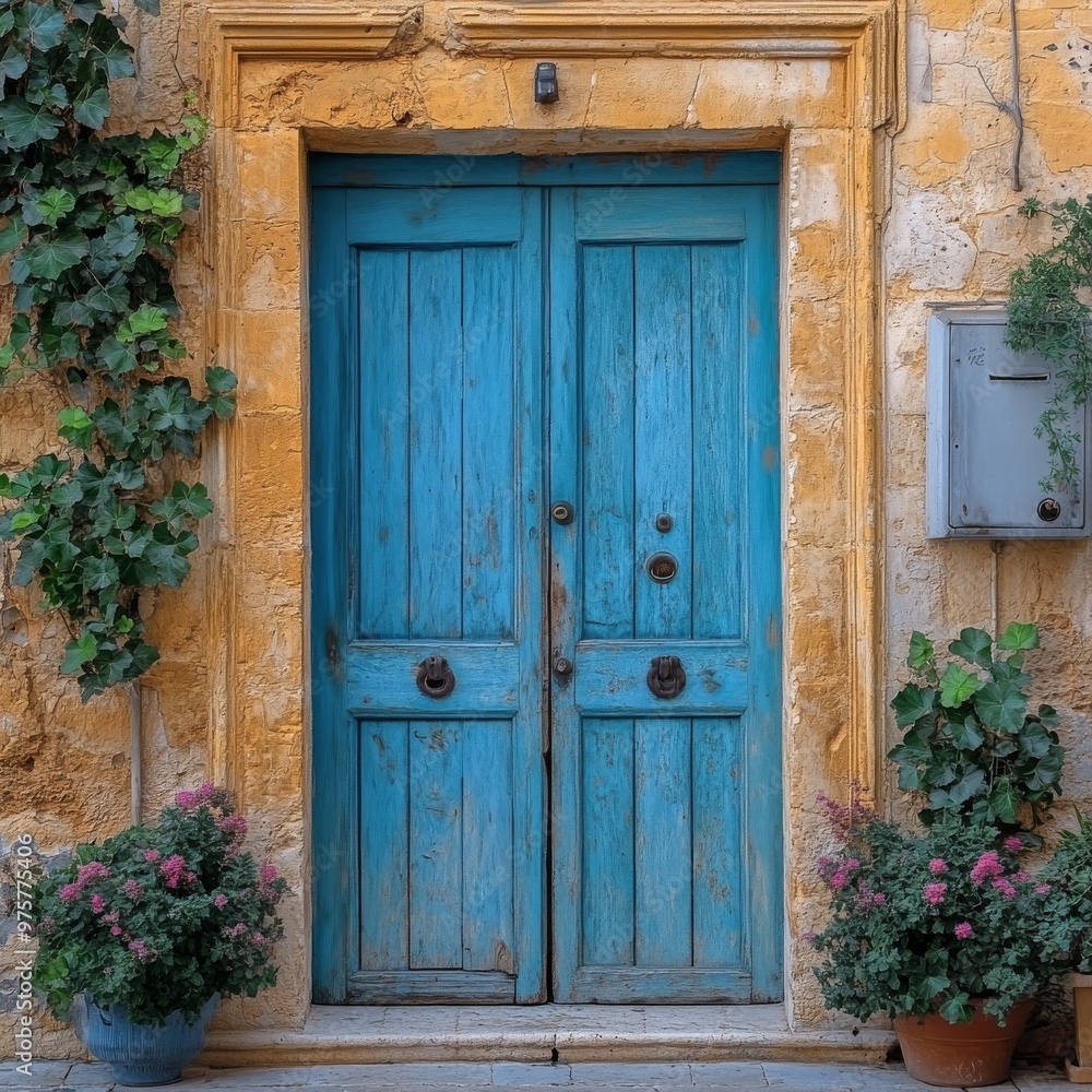 A weathered blue door in a stone wall. A weathered blue door in a stone wall.
