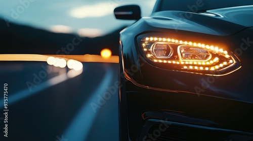 Close-up of a luxury car's headlamp lighting up the night, speeding along the highway with blurred roadlines. photo