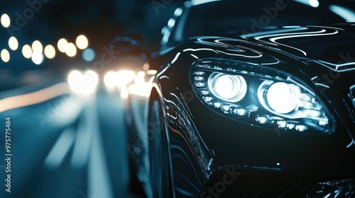 Close-up of a luxury car's headlamp lighting up the night, speeding along the highway with blurred roadlines. photo