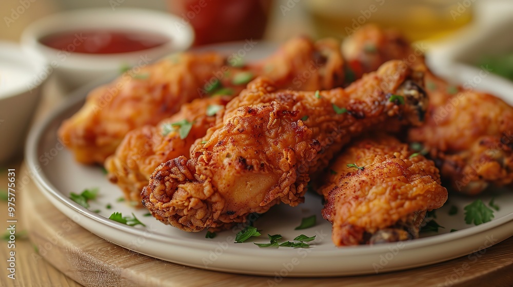 A plate of fried chicken with dipping sauce A plate of fried chicken with dipping sauce