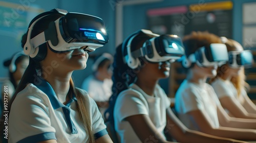 Futuristic Virtual Classroom with Students Using VR Headsets for Interactive EdTech Lessons