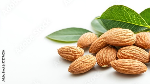 Close-up of almonds with fresh green leaves, isolated on a white background.