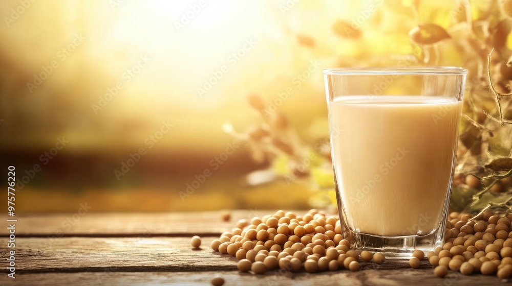 Close-up of fresh soy milk and soybeans on a wooden table, morning sun creating a blurred background scene.
