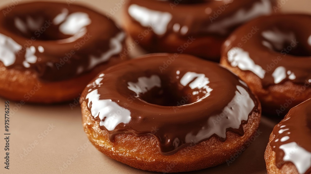 Close-up of freshly baked chocolate donuts with a rich, shiny glaze, isolated on a light brown background. A delicious visual treat. Close-up of freshly baked chocolate donuts with a rich, shiny glaze, isolated on a light brown background. A delicious visual treat.