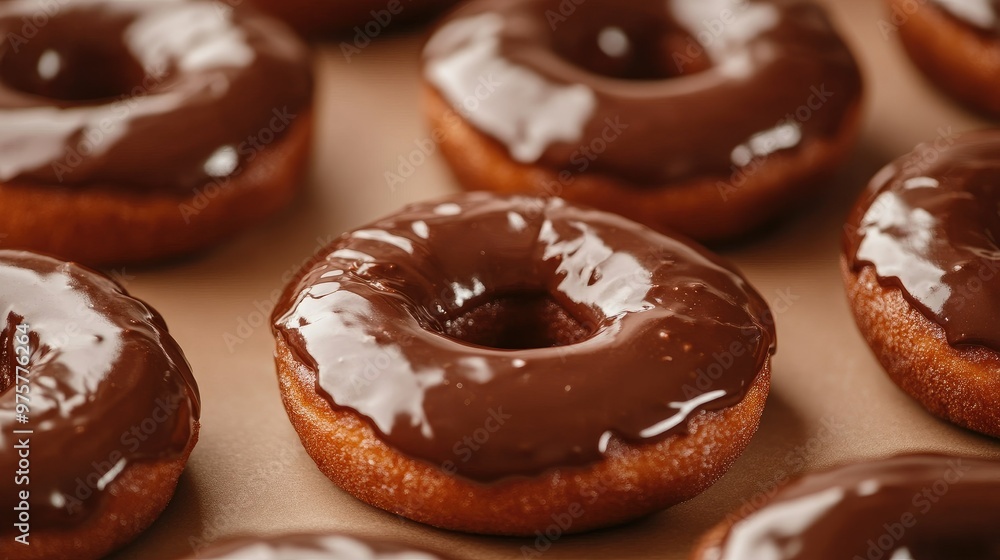 Close-up of freshly baked chocolate donuts with a rich, shiny glaze, isolated on a light brown background. A delicious visual treat. Close-up of freshly baked chocolate donuts with a rich, shiny glaze, isolated on a light brown background. A delicious visual treat.