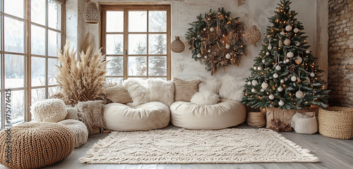 Bright living room decorated with holiday decorations in warm natural colors. Christmas.