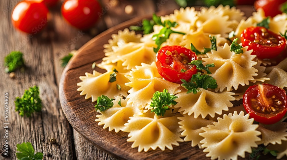 Delicious farfalle pasta with roasted tomatoes and fresh coriander, arranged beautifully on a rustic wooden table, perfect for Italian Delicious farfalle pasta with roasted tomatoes and fresh coriander, arranged beautifully on a rustic wooden table, perfect for Italian