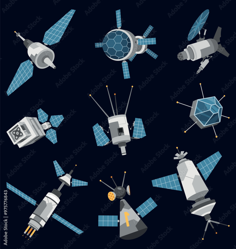 A Vibrant Pixel Art Collection Featuring Various Spacecraft and Satellites from Imagination
