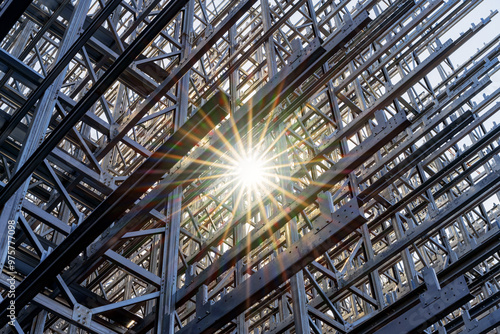 Closeup photograph of steel structure clad rack warehouse frog perspective