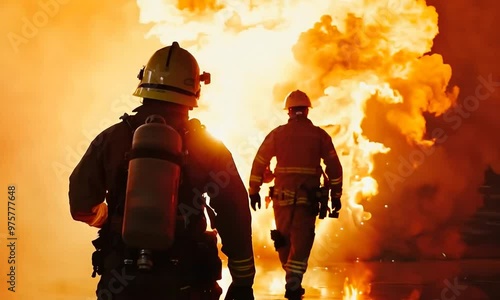 Two firefighters in full gear approach a massive, raging fire, showcasing their bravery and commitment to saving lives. The intense flames and smoke highlight the dangerous and heroic nature of firefi photo