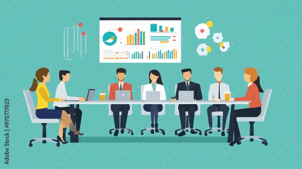 A flat vector illustration of a business meeting, with people discussing graphs and charts A flat vector illustration of a business meeting, with people discussing graphs and charts