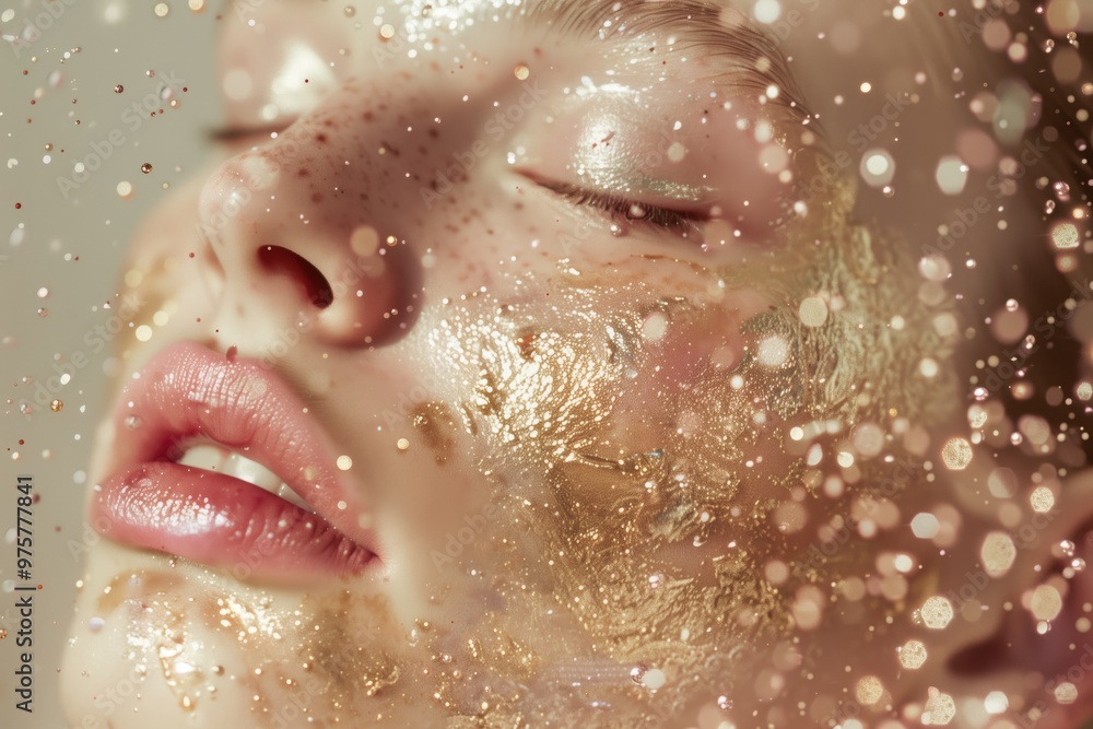 Young attractive woman with gold cosmetic mask applied on her face. Splashes of glitter, sparkles, glitter and gold leaf. Close-up on simple background . Skincare banner, cosmetics, spa ad. Young attractive woman with gold cosmetic mask applied on her face. Splashes of glitter, sparkles, glitter and gold leaf. Close-up on simple background . Skincare banner, cosmetics, spa ad.