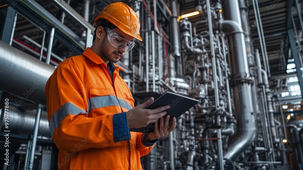 Industrial plant technician and engineer inspecting valve pipes and operating equipment with tablet Industrial plant technician and engineer inspecting valve pipes and operating equipment with tablet