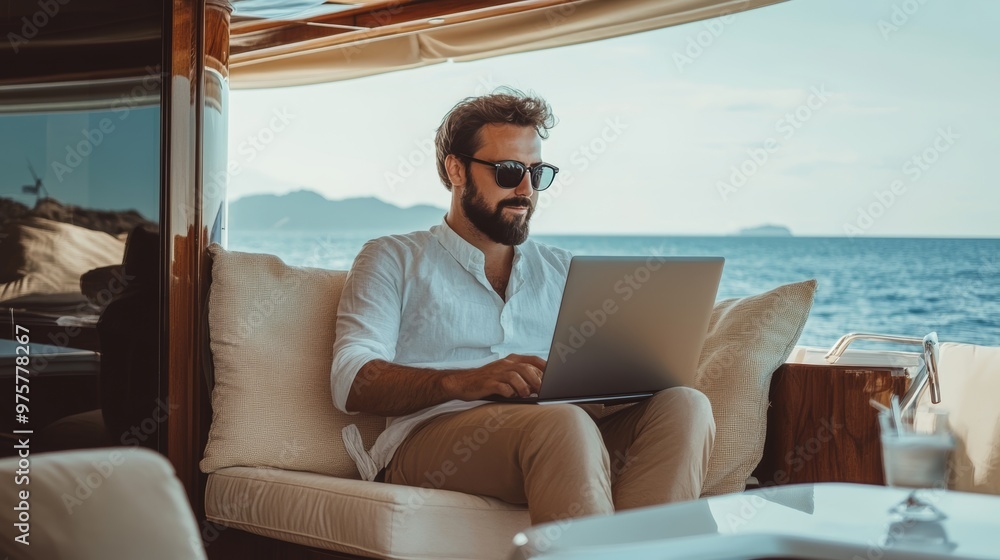 Freelancer man diligently working on his laptop while enjoying the serene ambiance of a yacht Freelancer man diligently working on his laptop while enjoying the serene ambiance of a yacht