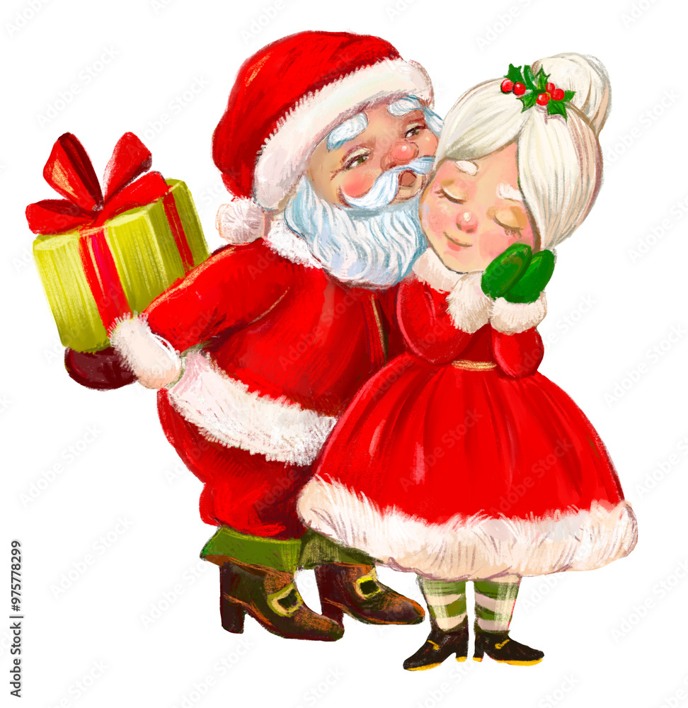 Santa and Mrs. Santa Claus Kiss Gift Illustration Santa and Mrs. Santa Claus Kiss Gift Illustration