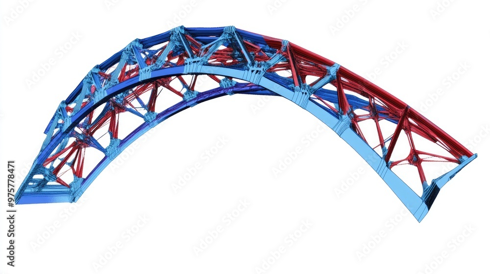 A 3D model of a bridge with two arch structures, one blue and one red, on a white background. A 3D model of a bridge with two arch structures, one blue and one red, on a white background.