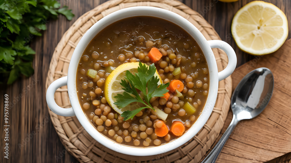 A hearty bowl of lentil soup with carrots, celery, and a hint of cumin, garnished with a squeeze of lemon juice and fresh parsley. A hearty bowl of lentil soup with carrots, celery, and a hint of cumin, garnished with a squeeze of lemon juice and fresh parsley.