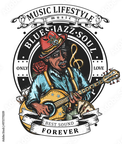 Blues music concept. Elderly Afro American bluesman playing slide guitar. Template for posters, textiles, apparels and t-shirt design. Musical art