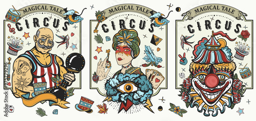 Circus. Collection. Clown, strong man with dumbbells, fortune teller woman, magic trick, rabbit in a magician hat. Traditional retro tattooing style