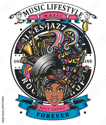 Music art. African American young funky woman. Hippie musical girl, saxophone, guitar and retro rainbow boom box. T-shirt design. Template for posters, textiles, apparels. Creative print for clothes