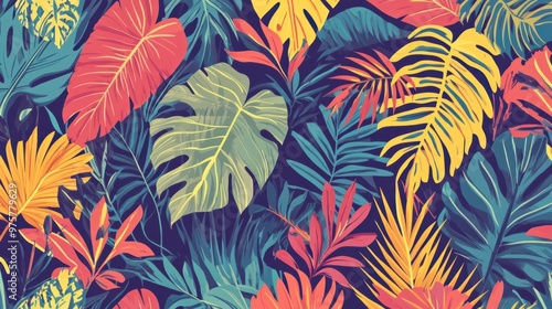 A seamless vector pattern featuring tropical leaves and plants in bright, vibrant colors