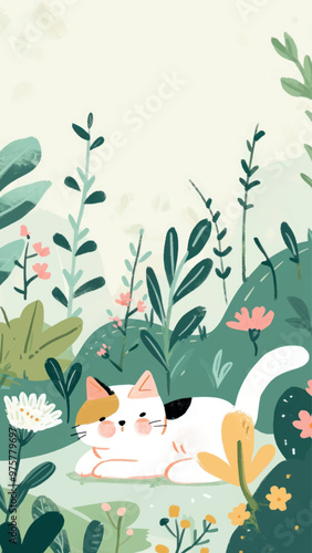 Whimsical cat in lush garden