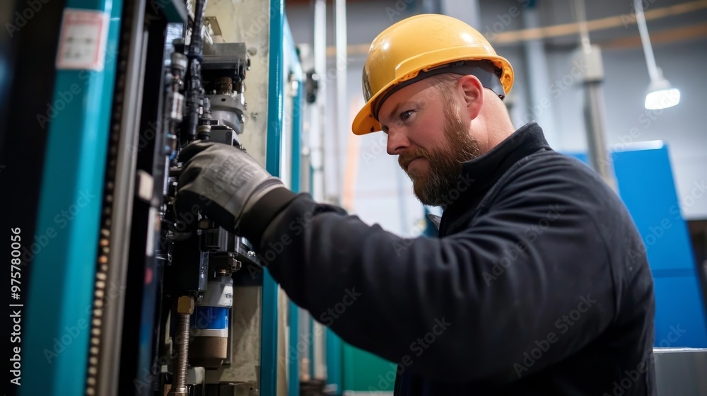 A construction worker in a hard hat skillfully operating heavy machinery at a busy job site. A construction worker in a hard hat skillfully operating heavy machinery at a busy job site.