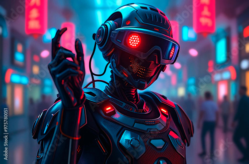 Cyberspace augmented reality. Cyberprunk character with a human skull in red blue helmet. Neon light, VR reality. Holograms, meta verse. Artificial intelligence. Generative AI. 