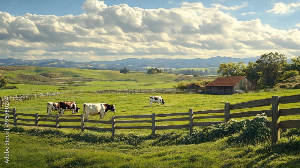 Obraz premium Dairy cows grazing in a sunny outdoor pen, surrounded by green pasture and wide-open spaces.