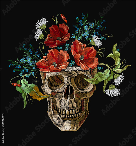 Embroidery human skull, chamomile and red poppies flowers. Medieval template for clothes, textiles, t-shirt design. Fashion gothic art