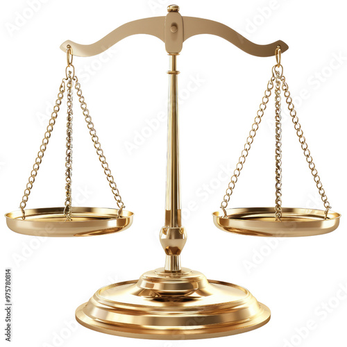 Gold finished 3D scales of justice, isolated on transparent background, representing balanced law elements and judicial fairness.