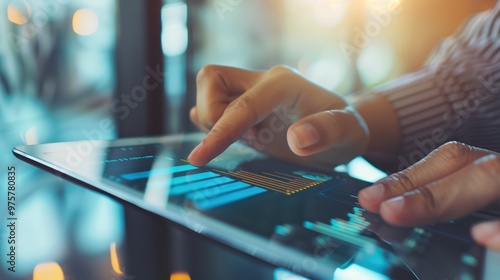 Close-up of a wealth manager explaining investment strategy with charts and graphs on a tablet