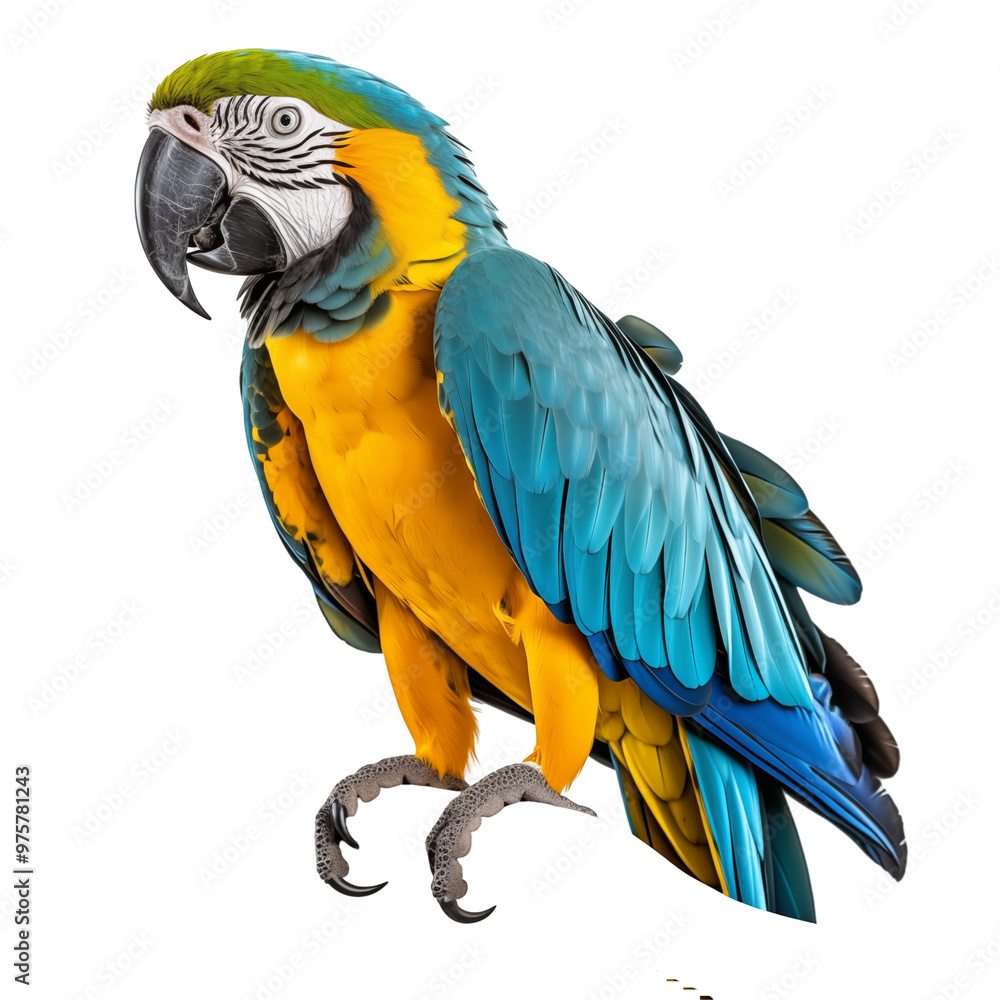 Fototapeta premium Colorful Blue-and-Yellow Macaw Perched on Wooden Branch with Isolated White Background