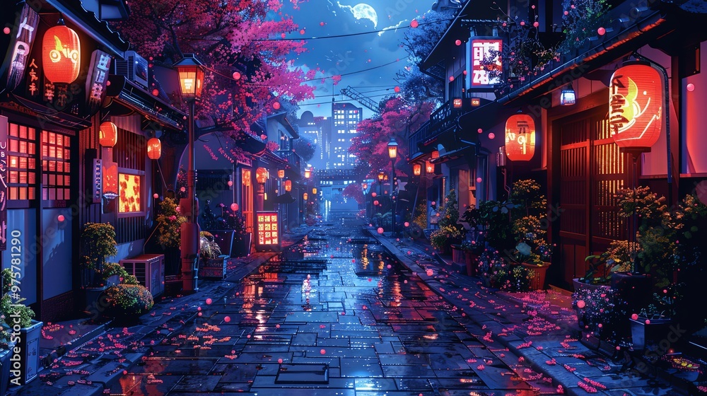 Naklejka premium Bright neon night in a cyberpunk city. Photorealistic 3d illustration of the futuristic city. Empty street with blue neon lights
