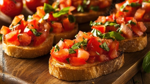 Freshly prepared bruschetta with vibrant tomatoes and basil on toasted bread, showcasing the flavors of Italian cuisine