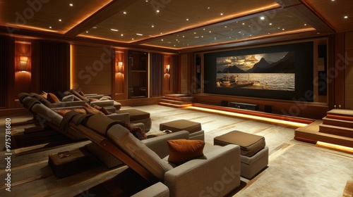 Elegant home cinema with comfortable, plush chairs, a large screen, and soft, dimmed recessed lighting, offering a theater-like experience at home.