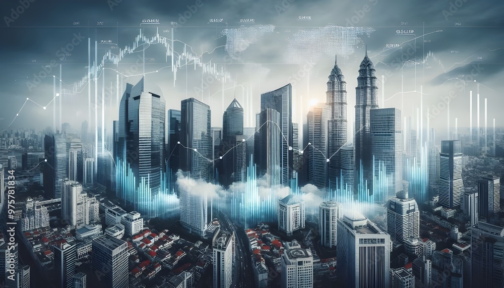 Skyscrapers with superimposed financial charts, symbolizing real estate market trends on a cloudy sky background, concept of market analysis Skyscrapers with superimposed financial charts, symbolizing real estate market trends on a cloudy sky background, concept of market analysis