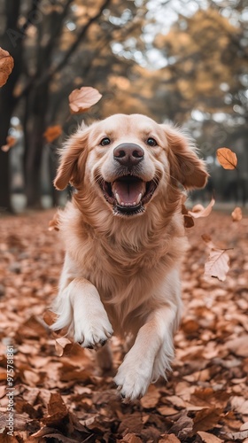  A happy Golden Retriever dog playing in an autumn park full of fallen leaves, showcasing the beauty and joy that fall brings to nature's landscapes