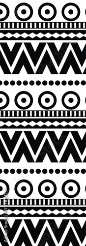 A black and white geometric pattern featuring various shapes like zigzags, circles, and lines, ideal for textile or graphic design.