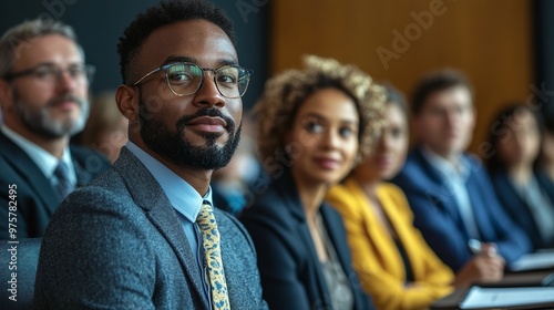 a diverse group of business people engaged in a conference meeting in an office highlighting the collaborative discussions and professional interactions of the event