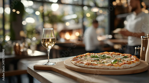 Pizza on a restaurant table. Italian pizza accompanied by a selection of beverages. 