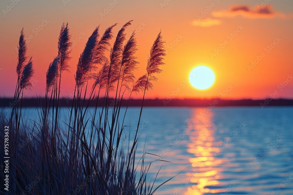 Sunset over calm lake with tall grass silhouette, vibrant sky reflecting on water, representing peaceful and serene nature scene, Ai Generation Sunset over calm lake with tall grass silhouette, vibrant sky reflecting on water, representing peaceful and serene nature scene, Ai Generation