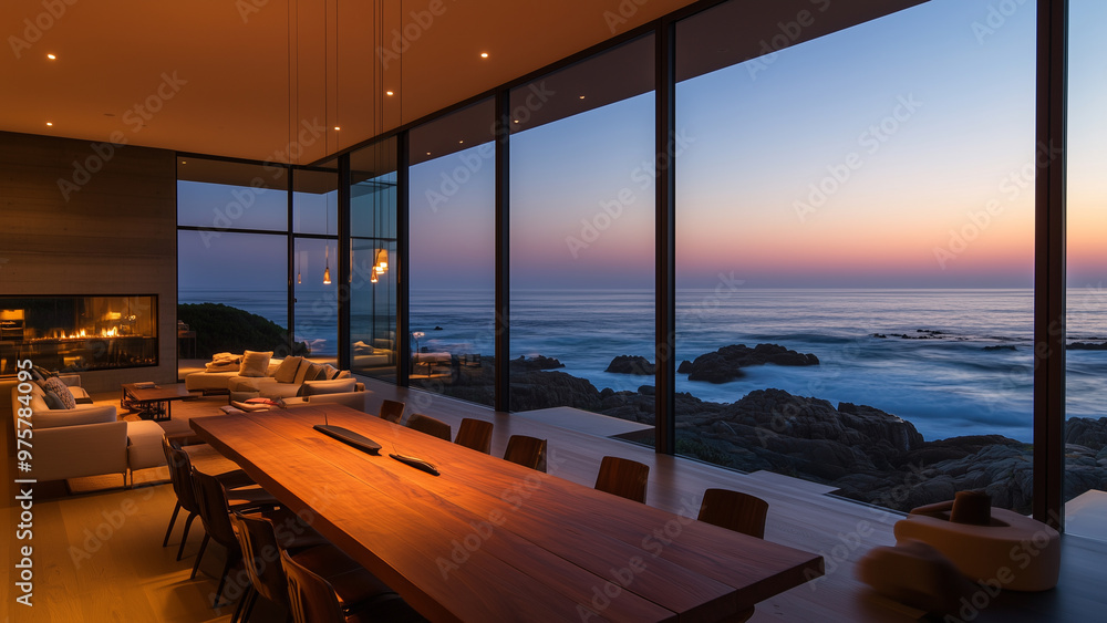 Fototapeta premium Oceanfront Serenity: Minimalist House with Warm Lighting at Dusk