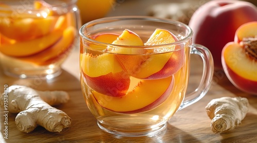 zesty peach ginger tea with slices of fresh peach and ginger served in a clear glass mug capturing the refreshing and natural flavor of this brewed beverage photo