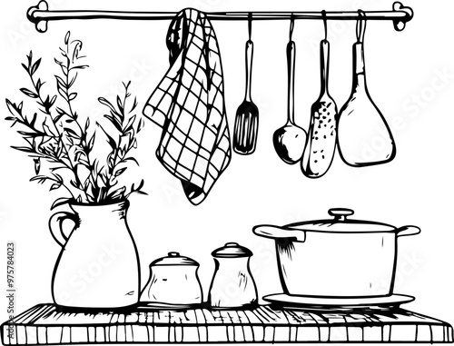 Rustic Kitchen Still Life with Herbs and Utensils