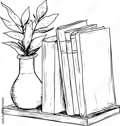 Sketch of Books and Vase with Leaves on a Shelf
