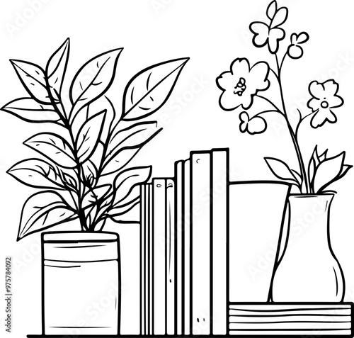 Line Art of Books and Potted Plants