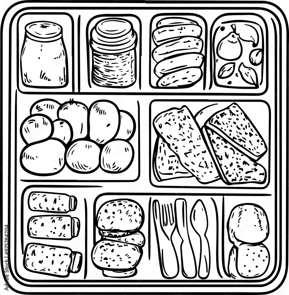 Sketch of a Food Tray with Various Dishes and Utensils Sketch of a Food Tray with Various Dishes and Utensils