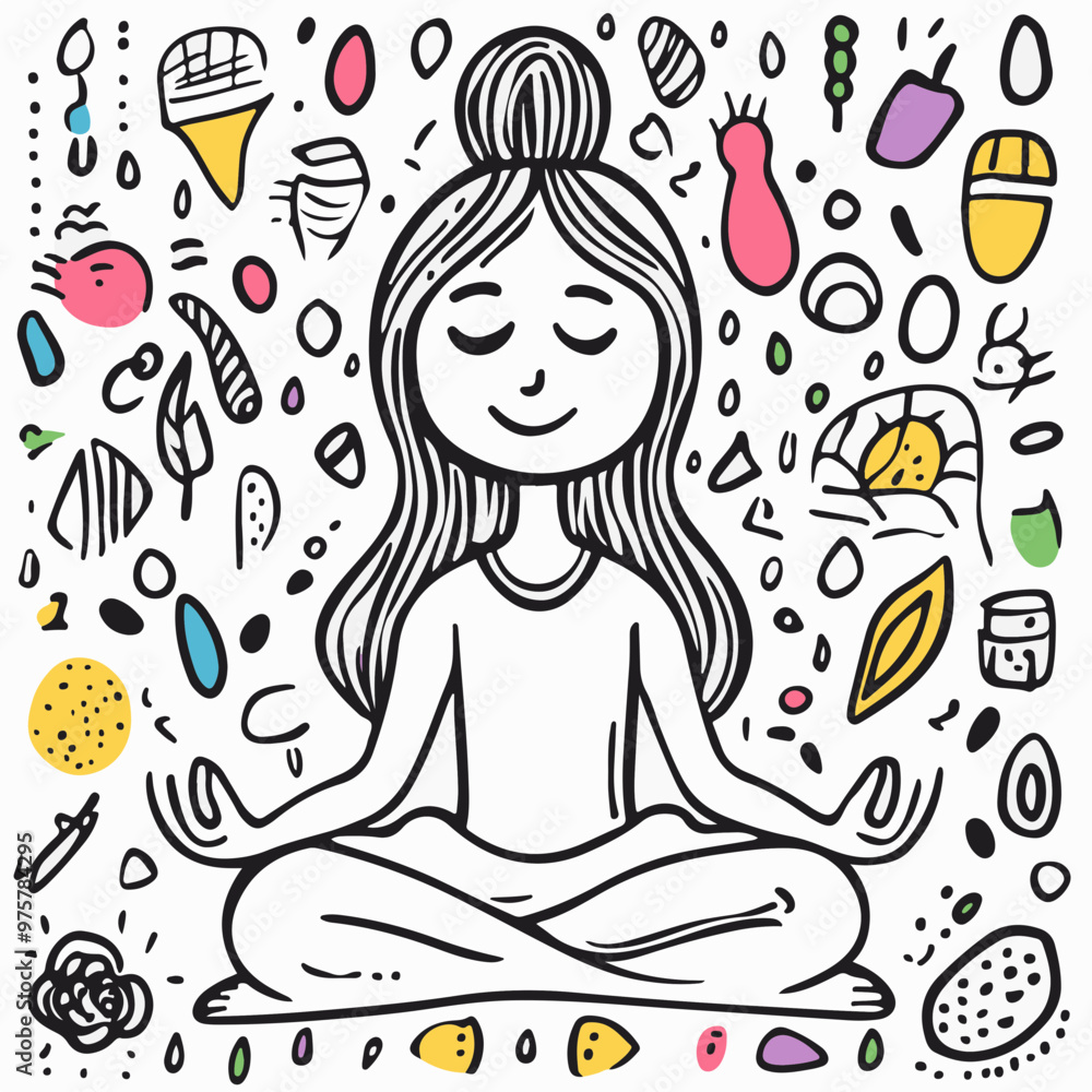 Meditative Girl Surrounded by Colorful Shapes and Symbols