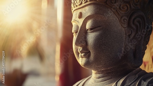 A detailed view of a spiritual statue representing wisdom and enlightenment, framed by gentle light.